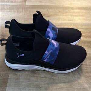 Puma Black Soft Foam Sophia Slip-On Sneakers with Purple Camo Strap